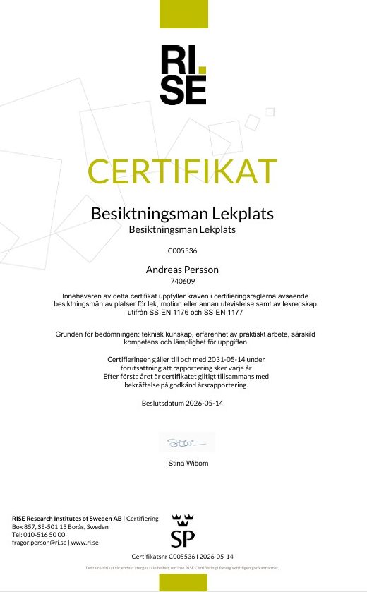 Certifikat med RISE-logotyp och information om beskrivning och utfärdande.