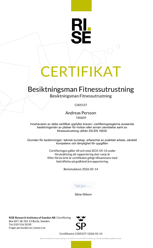 Certifikat för Besiktningsman-Finansiell utbildning utfärdat av RISE.